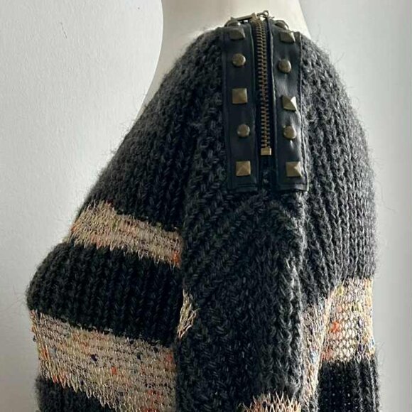Tricotto Charcoal & Metallic Open-Knit Stripe Sweater w/ Shoulder Zippers - US M - Picture 5 of 16